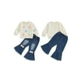 thumbnail image 3 of Loicainy Toddler Baby Girl Spring Fall Outfits 6 12 18 24 Months 2T 3T 4T Decorative Flowers Crew Neck Long Sleeve Sweatshirt and Flared Jeans 2 Pcs Kids Clothes Set, 3 of 10