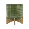 thumbnail image 5 of Sagebrook Home Ceramic 10" Planter On Wooden Stand, Olive, Round, Ceramic, Contemporary, 10"L X 10"W X 11"H, Striped, 5 of 8