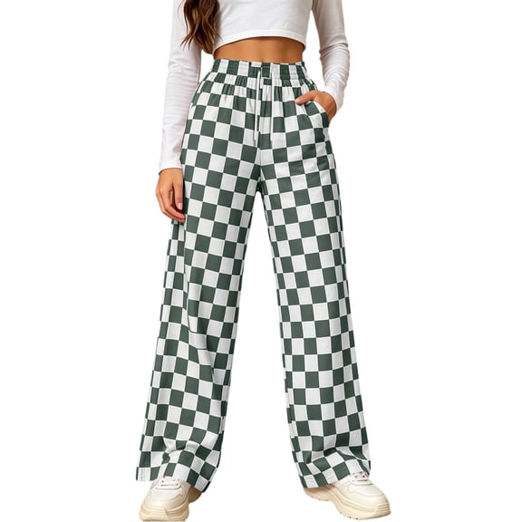 Njagoc3 Wide Leg Pants for Women | Drawstring Waist Checkered Trousers with Side Pockets | Relaxed Loose Fit for Fall Casual Daily Wear & Vacation Outings,Gray,S