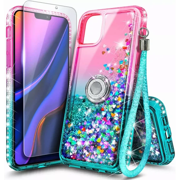 Compatible with Apple iPhone 11 Pro Case with Tempered Glass Screen Protector, Ring Holder/Wrist Strap, Nagebee Glitter Liquid Floating Waterfall Cute Phone Cover (Aqua/Purple)