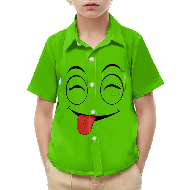 Chemise à Manches Courtes pour Enfants avec Poche et Imprimé, Haut Décontracté à Col Rond pour Garçons et Filles, Âges 2-15 Ans en Vert Armée