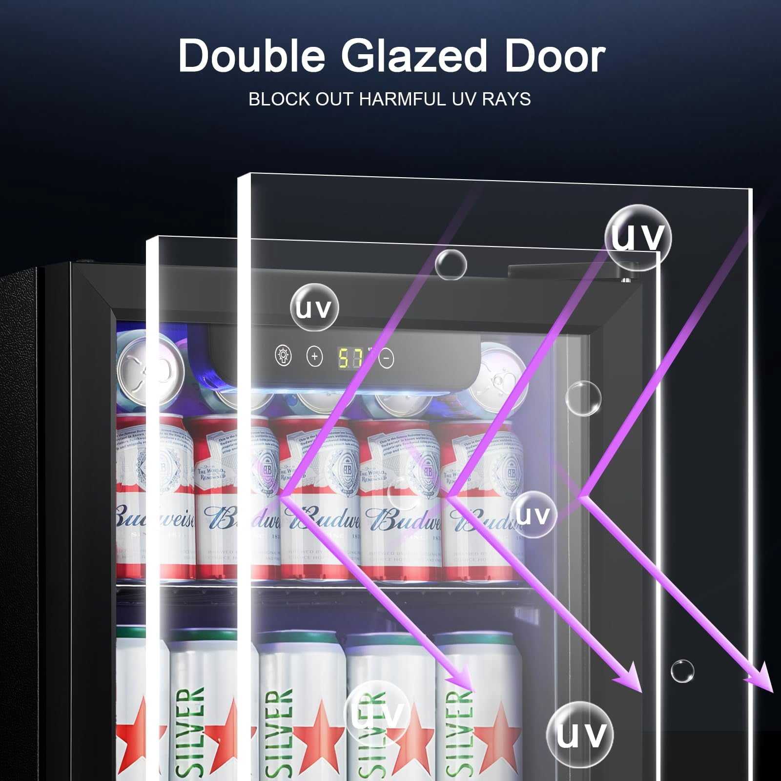 Auseo 1.3 Cu.ft. Mini Beverage Refrigerator Cooler - 55 Can &12 Bottle Mini Fridge with Double Glass Door, for Home/Bar/Office, Electronic Touch Control
