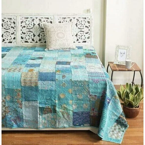 Indian Handmade Kantha Twin Size Bedspread Throw Blanket Silk Quilt Mandala Blanket
