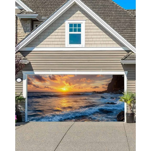 Beach Reef Garage Door Banner Covers, Country Sunset Ocean Waves Reef Beach Large Hanging Indoor/Outdoor Backdrop Background for Christmas Winter Party Decor, 6.9x16 FT