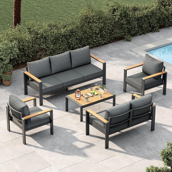 7 Seats Aluminum Patio Furniture Set, 5 Pieces Outdoor Sectional Sofa Conversation Set Sectional Sofa with 4 in Armrest & 5 in Thick Cushions & Coffee Table