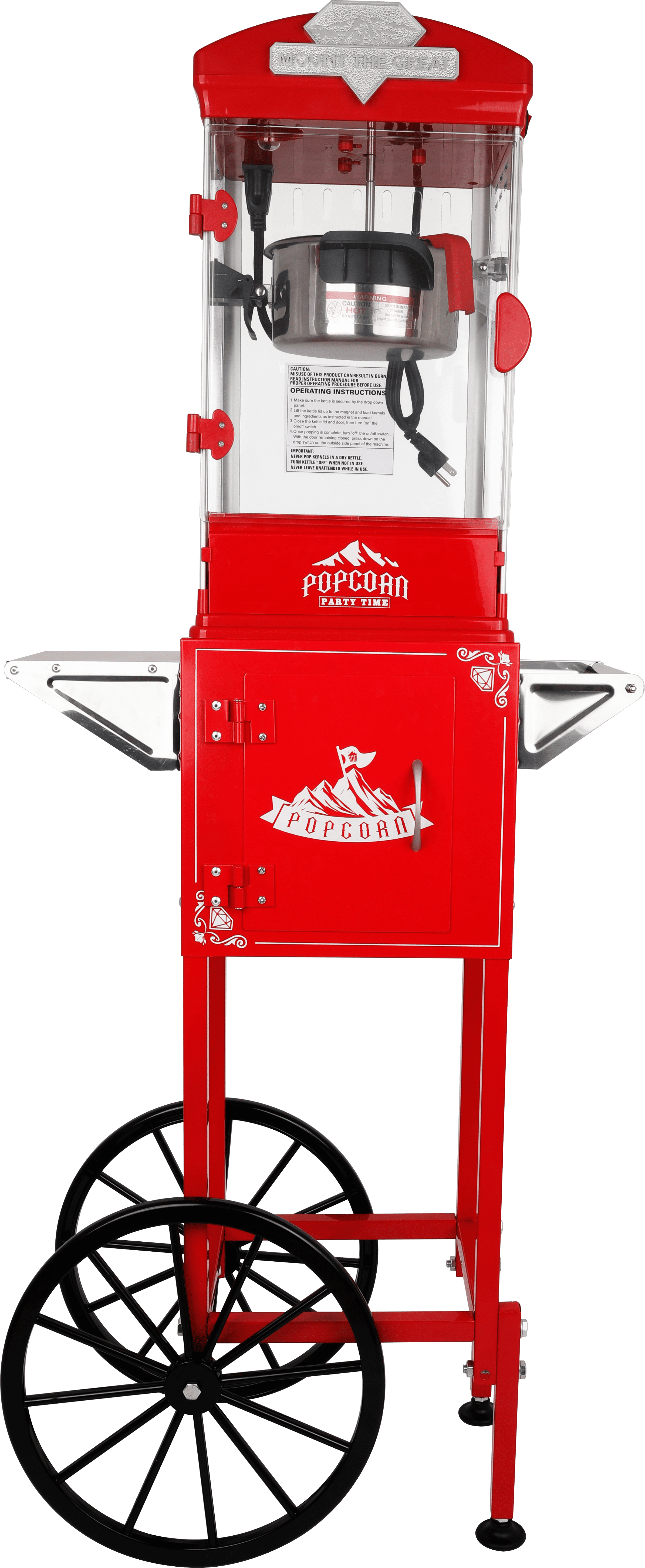 Popcorn Machine with Cart, Wheels & 10 Oz Kettle Popcorn Maker Measuring 3 plastic spoon Home Theater Popcorn Machine, Red