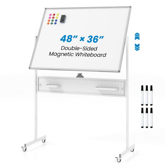 Gymax 48'' x 36'' Mobile Whiteboard w/ Pegboard & Accessories Aluminum Frame for Home