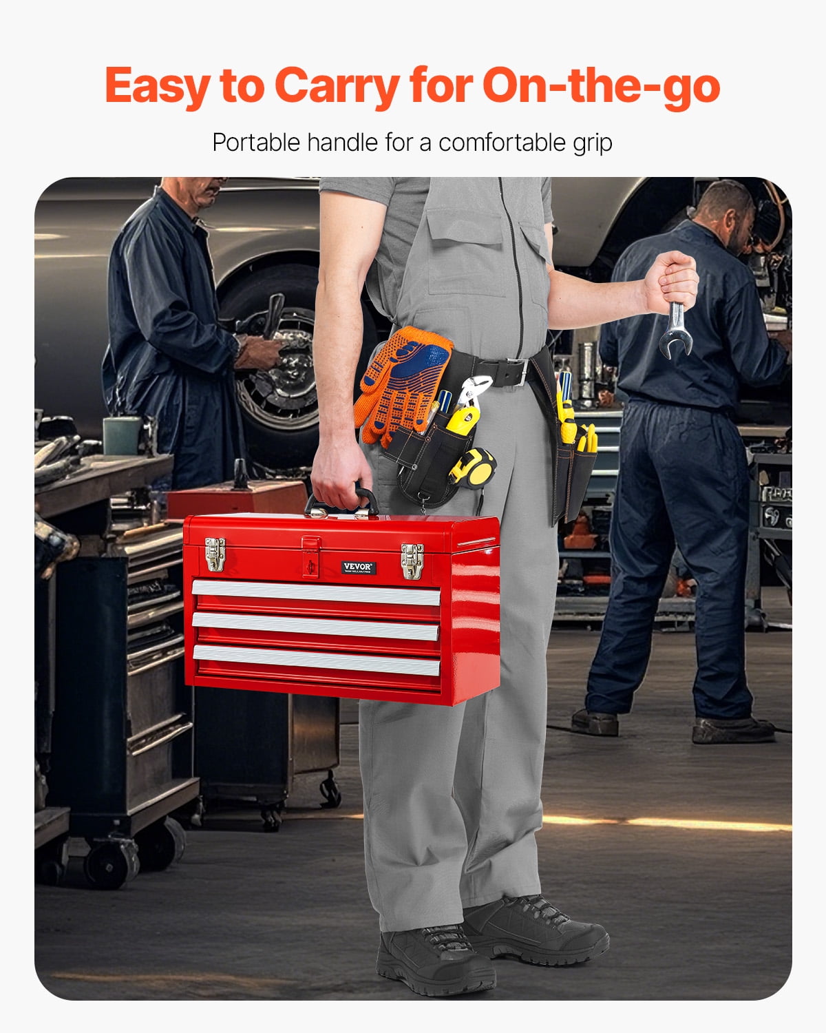 VEVOR Metal Tool Box, 20.5-inch, Portable Metal Tool Box with 3 Drawers, Small Tool Chest with EVA Liners,Ball Bearing Slide Drawers Locking & Powder Coated Finish,Multi-Function Tool Organizer,Red