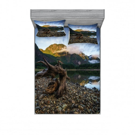 Driftwood Bedding Set with Sheet & Covers, Landscape of a Mountain Lake and Cloudy Sky Driftwood on Rocky Shoreline, Printed Bedroom Decor 2 Shams, 4 Sizes, Blue and Brown, by Ambesonne