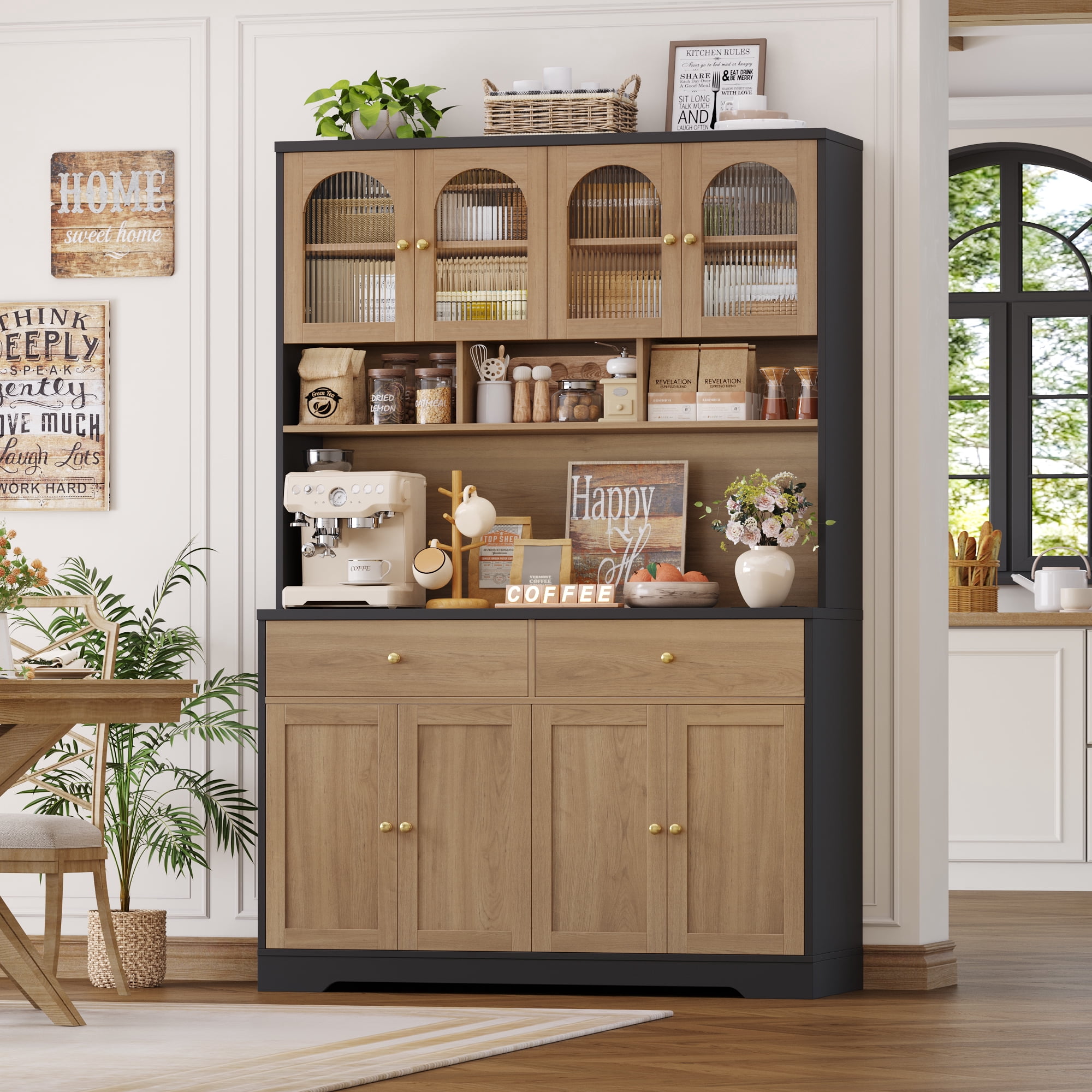 Hiphuta 71" Tall Pantry Cabinet with Arched Glass Doors, 47" Wide Kitchen Storage Cabinet with Microwave Stand & Charging Station, Hutch Cupboard for Kitchen Dining Room, Oak