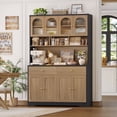 thumbnail image 3 of Hiphuta 71" Tall Pantry Cabinet with Arched Glass Doors, 47" Wide Kitchen Storage Cabinet with Microwave Stand & Charging Station, Hutch Cupboard for Kitchen Dining Room, Oak, 3 of 7