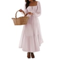 thumbnail image 3 of Women'S Bohemian Style Casual Resort Dress U-Neck Long Puff Sleeve A-Line Maxi Dress Pink M, 3 of 9