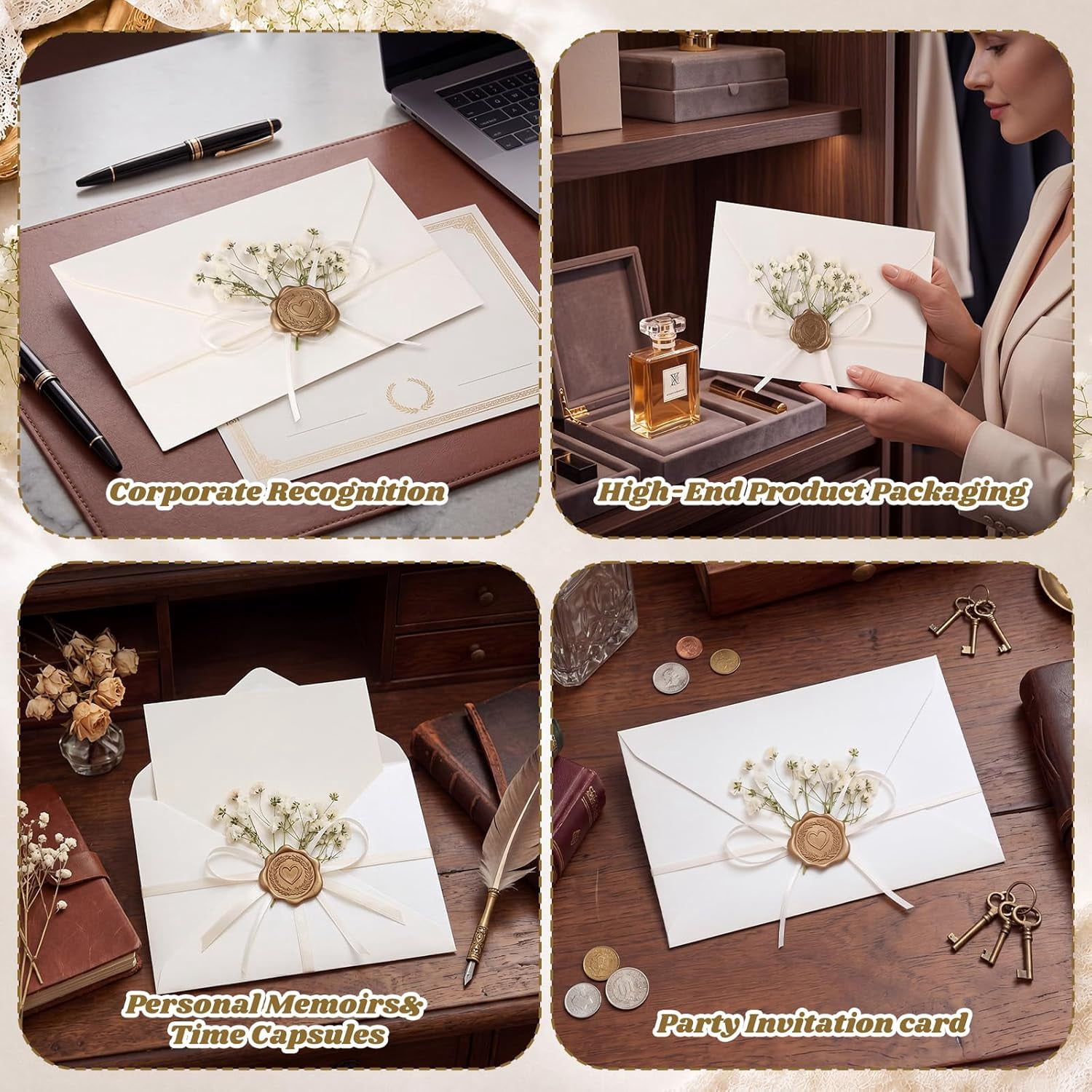 50 Sets Wedding Invitations Wraps Set Include Envelope for 5 x 7 Inch Invitations Self Adhesive Gold Wax Seal Sticker Dried Flowers for DIY Photos Cards Dining Table(Elegant,Beige)