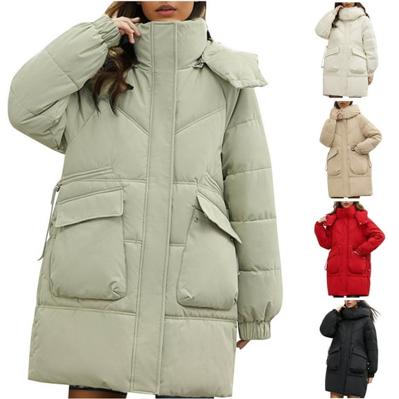 Jinhomg Womens Fluffy Winter Coat Oversized Comfy Long Length Stand Collar Puffer Jacket Fall Winter Thermal Winterproof Double Closure Outerwear with Pockets 90% off Clearance Sale Black L