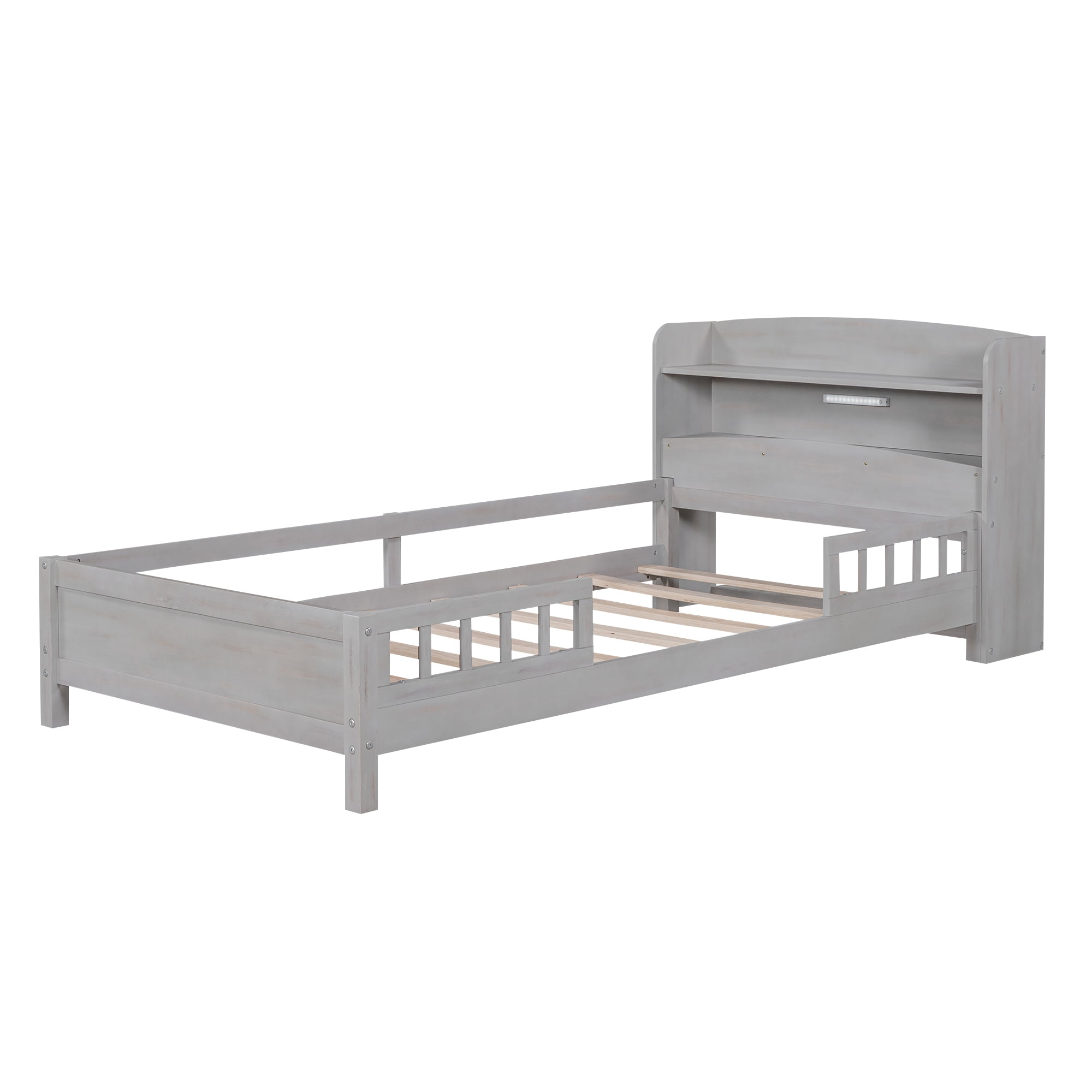Euroco Wood Twin Size Platform Bed with Storage Headboard and LED Light, Antique Gray