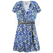 Small Petite Womens Top Royal Blue Floral Dressed Up Slinky Magic Babydoll Short Sleeve