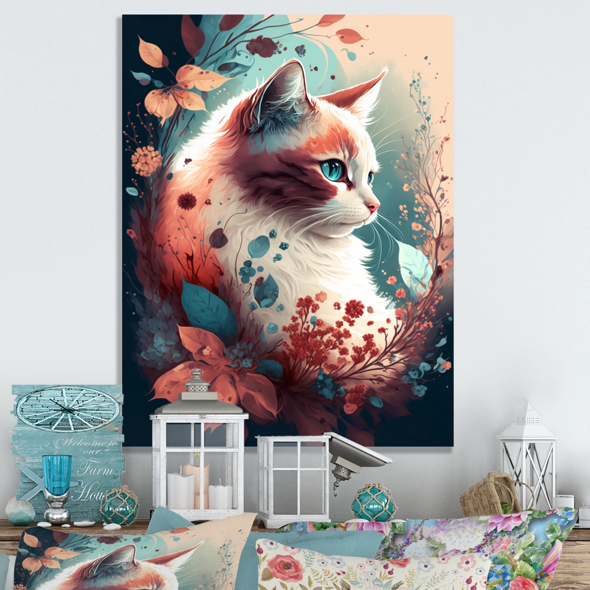 Designart Cute Cat Floral Art II Canvas Wall Art