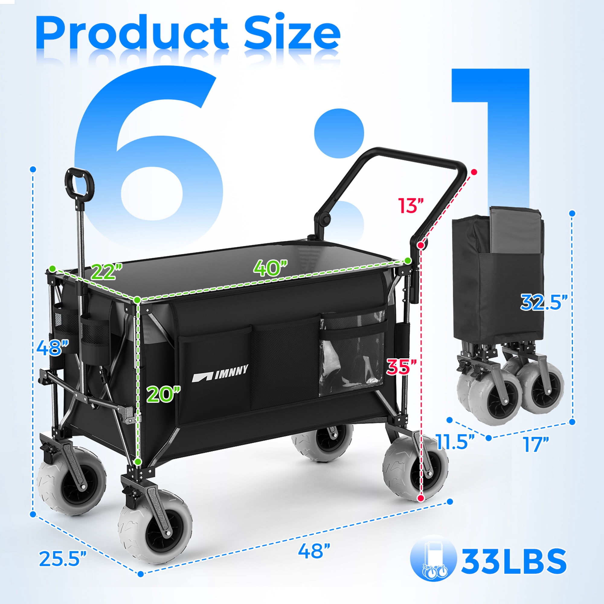 Foldable Beach Wagon with 9x4 All-Terrain Wheels 500 lbs Capacity 400L Storage Camping Cart