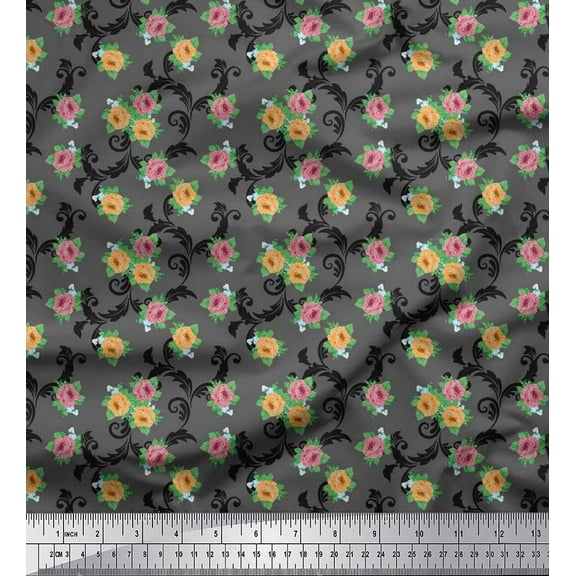 Soimoi Cotton Duck Fabric Swirl,Leaves & Rose Floral Printed Fabric 1 Yard 42 Inch Wide