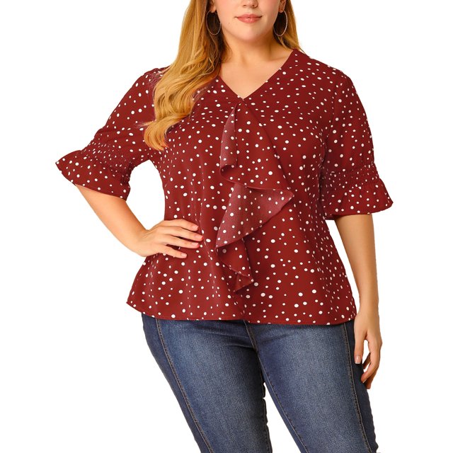 BluCon Volantes Cuello En V Mangas Fruncidas TalGrande PaMujer Rojo Blanco 1X