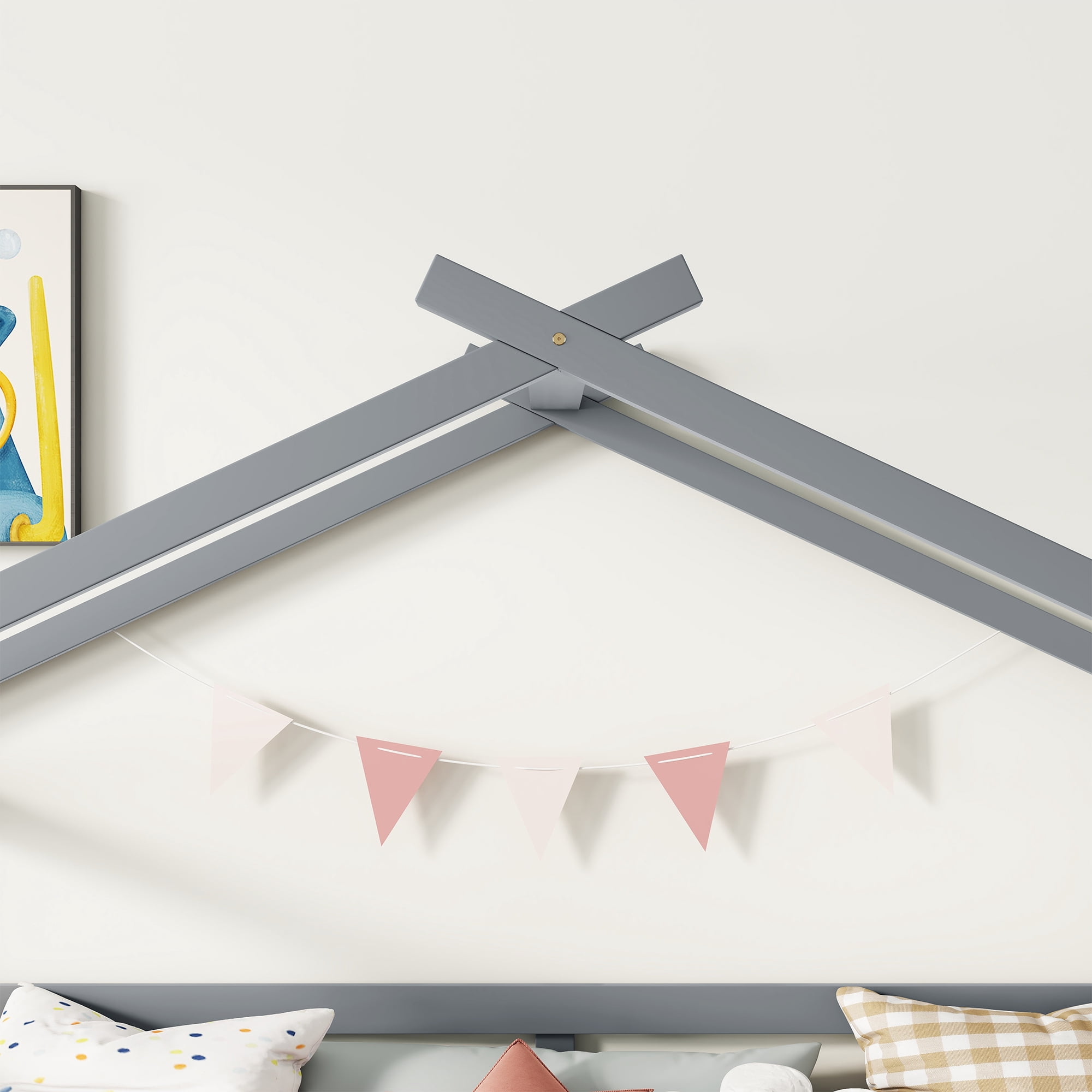 Leumius Twin Low Loft House Bed with Slide, Ladder, Safety Guardrails, House Roof Frame for Boys Girls Grey