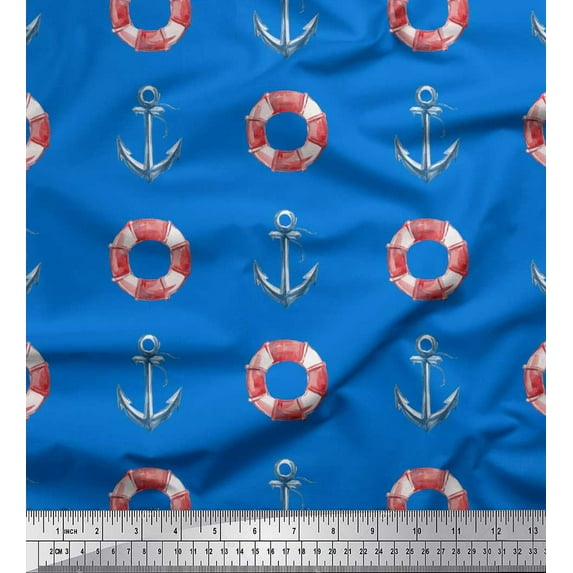 Soimoi Blue Japan Crepe Satin Fabric Life Ring & Anchor Hook Nautical Print Fabric by the Yard 42 Inch Wide
