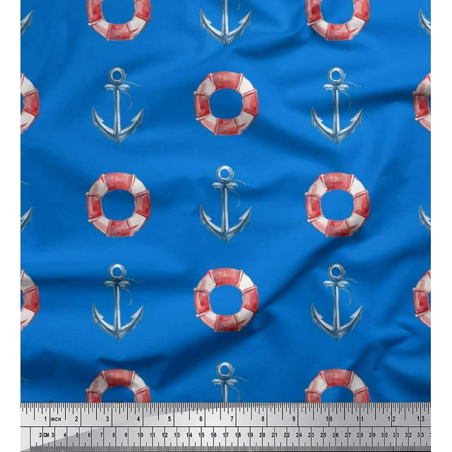 Soimoi Blue polyester Crepe Fabric Life Ring & Anchor Hook Nautical Printed Craft Fabric by the Yard 42 Inch Wide