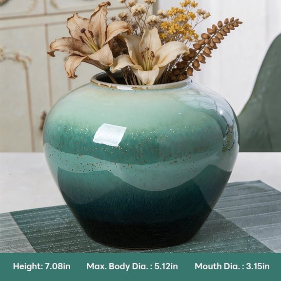 Modern Gradient Ceramic Vase | 7.1" Tall Decorative Flower Vase for Home Decor, Living Room, Entryway | Teal to Dark Green with Gold Speckles, 3.1" Opening  No-Hole Design, Suitable for Dried Flowers
