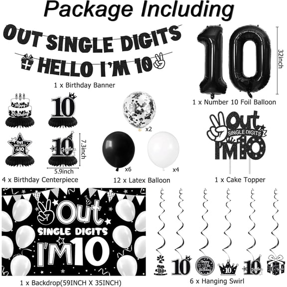 10th Birthday Party Decorations, Black Out Single Digits I’m 10 Banner, 10 Number Balloon & Cake Topper, 10 Years Old Birthday Honeycomb Hanging Swirl Party Supplies for Boys Girls(27PC)