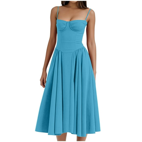 2025 Vintage Dress for Women Elegant Spaghetti Strap Bustier Midi Dress Flowy Pleated Prom Dresses with Pockets