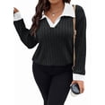 thumbnail image 2 of Women'S Large Size Casual Knitted Sweater Lapel V-Neck Solid Color Top Long Sleeve Shirt Black & White 4XL, 2 of 7