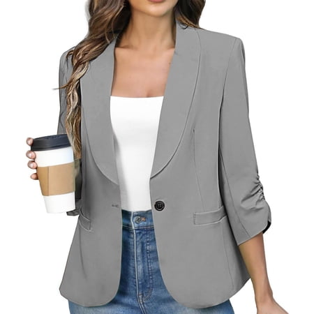 Rollbacks & More GaThRRgYP Womens Blazers Sale Solid Blazers for Women Business Casual 3/4 Sleeve Lapel Open Front Suit Jacket Work Blazer with Pockets Gray M