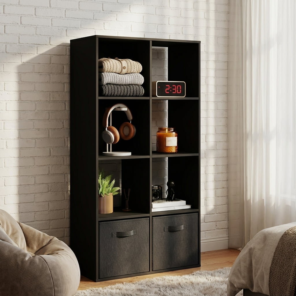 TrumanPick Stackable 8 Cube Storage Organizer - Wood Cube Shelf Fits Cubby Bins, Cubicle Bookshelf with Open Shelves & Anti-Tipping Kits for Living Room, Home Office, Black