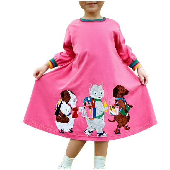 bbymog Long Sleeve Dresses for Girls Fashion Cute Graphic Crewneck Cotton Dress Girls Clothes Pink B 3 years