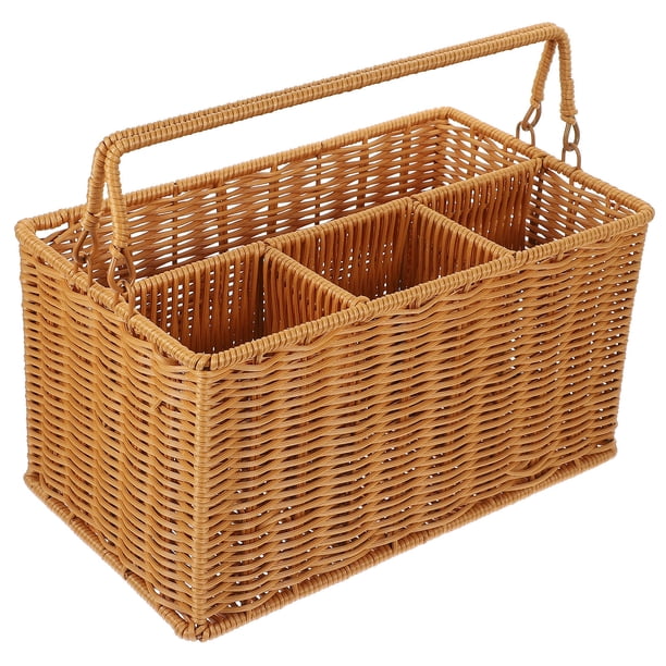 unbranded Organizador De Cubiertos De Cocina En Imitación Ratán Color Marrón Con Divisiones Para Utensilios