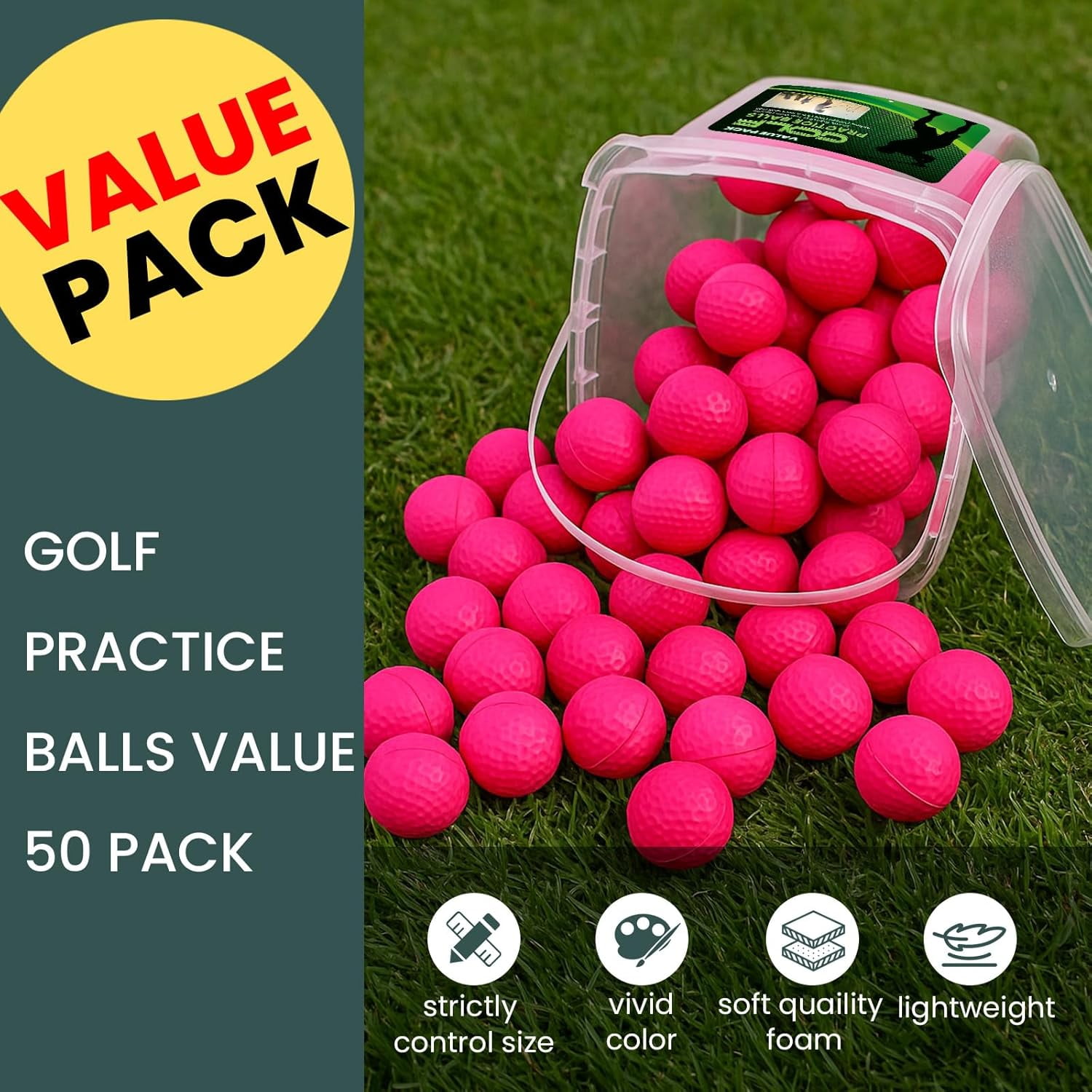 FINGER TEN Golf Practice Balls with Bucket Value 50 Pack, Soft Foam with Limited Flight for Safe Practice