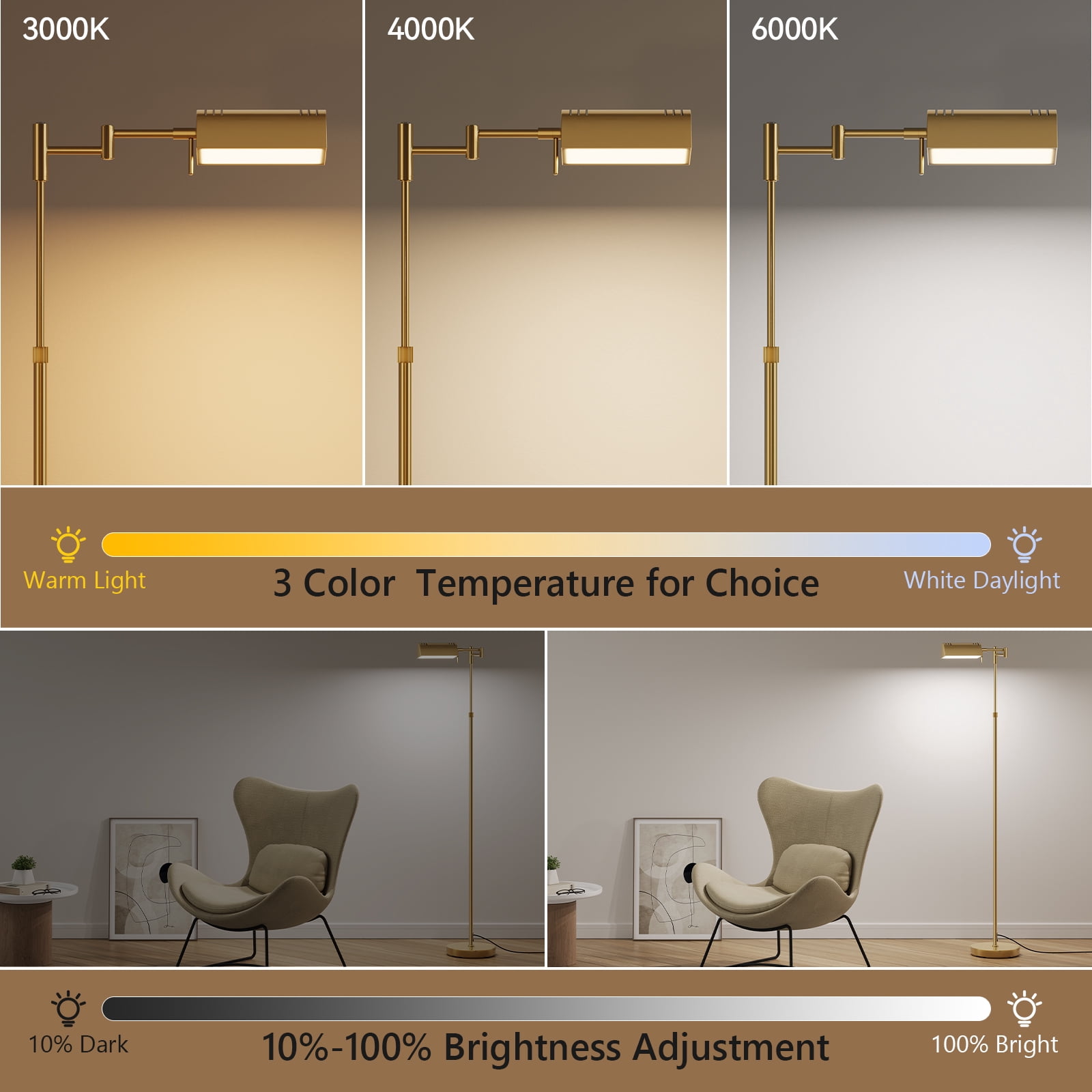 SUNMORY Floor Lamp, Pharmacy Swing Arm Floor Lamps for Living Room, 57" Tall Adjustable with Remote & Touch Control, 3 Color 16W Reading Lamps for Bedroom, Gold Standing Lamp for Reading Office