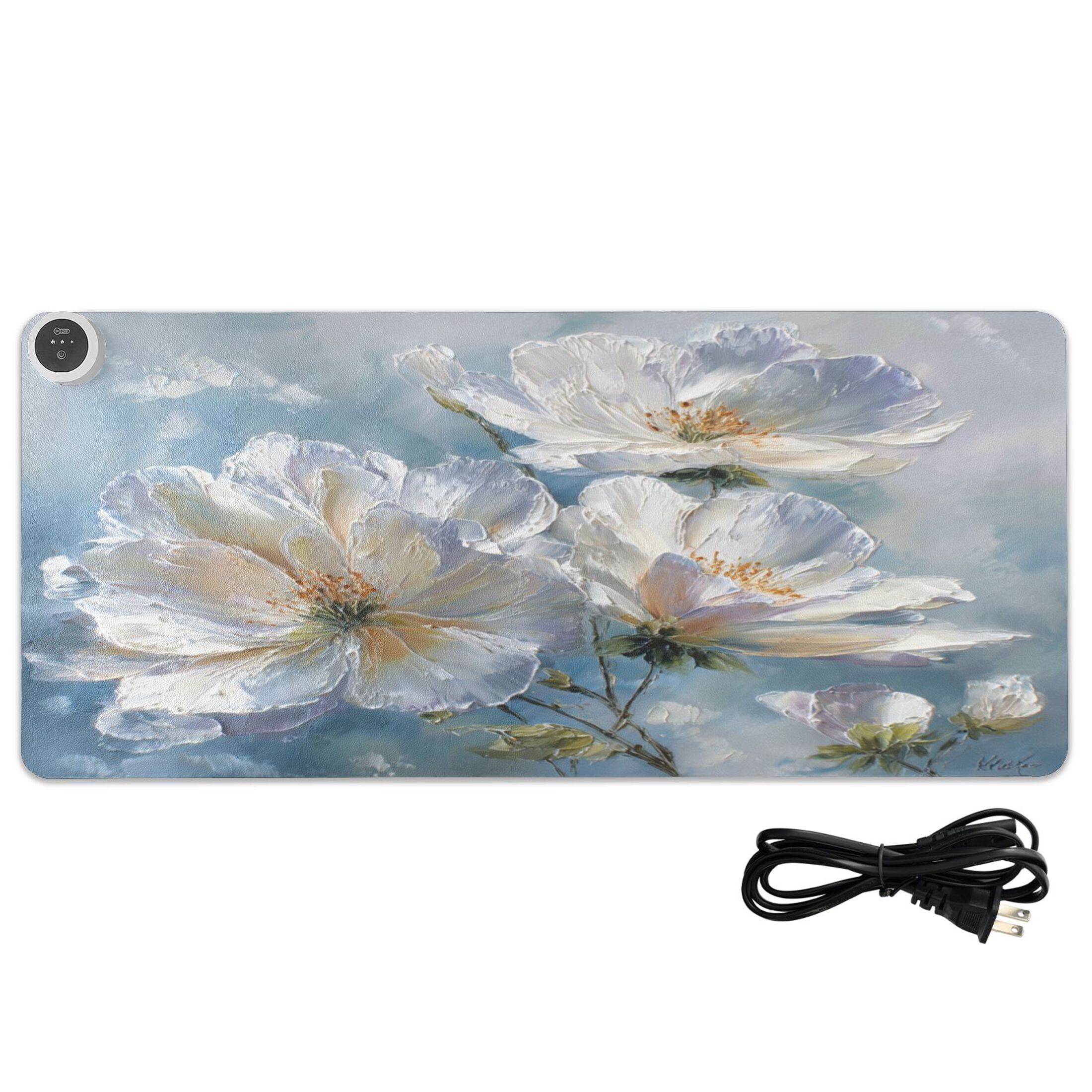 Wobogo White Flowers Heated Mouse Pad Extra-Large Desk Mat With 3 Heating Levels and 3-hour Auto Shut-Off Protection Ideal for Computer Keyboards Home Office Hand-warming Essential 31.5in × 13in