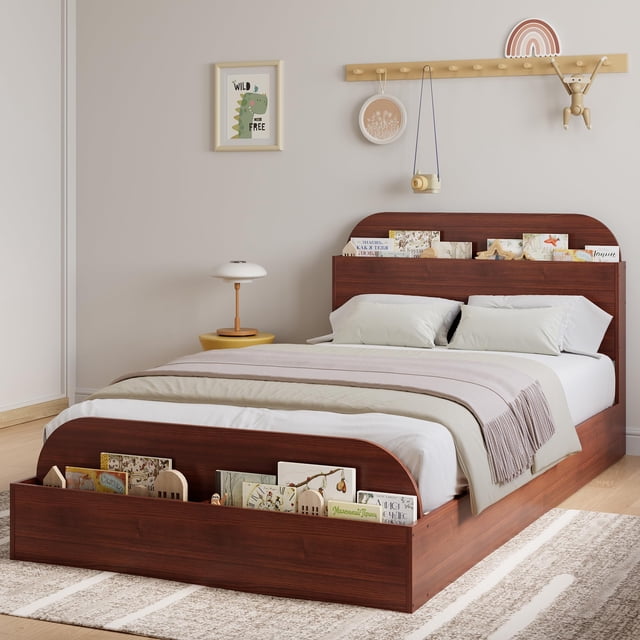 Cadre de Lit Plateforme en Bois Robuste Format Simple TG avec Tête et Pied de Lit de Rangement – Lattes Robustes, Aucun Sommier Requis, Assemblage Facile – Mobilier de Chambre Idéal, Rouge