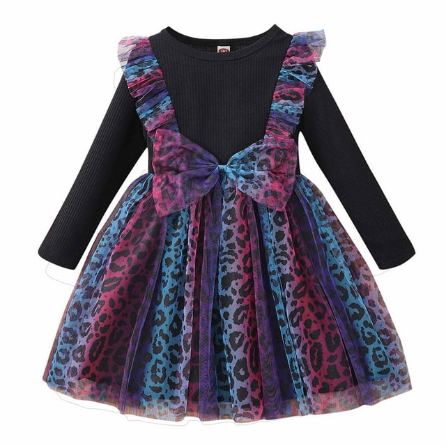 Vestido Para Niñas, Ropa Para Niñas Pequeñas, Primavera Otoño, Vestido De Manga Larga Con Lazo De Malla De Flores Para Niños Pequeños, Vestido De Princesa Negro Odeerbi LM103-7389