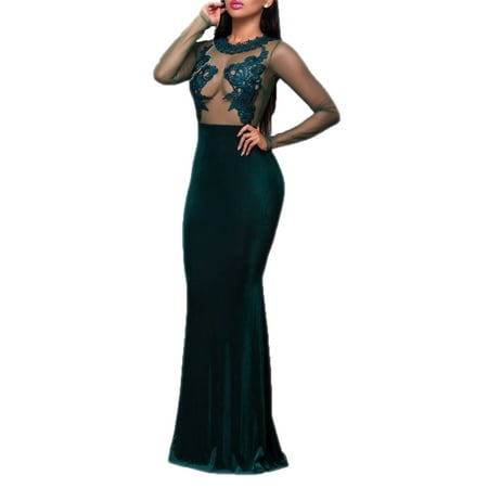 Velvet Gown Dress - Mesh Lace Applique Velvet Evening Maxi Gown Dress set with lace panties
