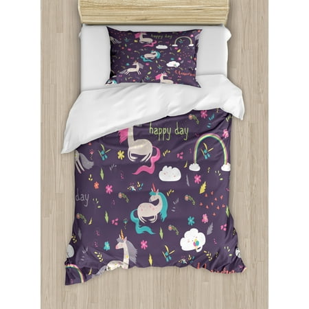 Kids Girls Twin Size Duvet Cover Set Pastel Rainbow With Unicorns