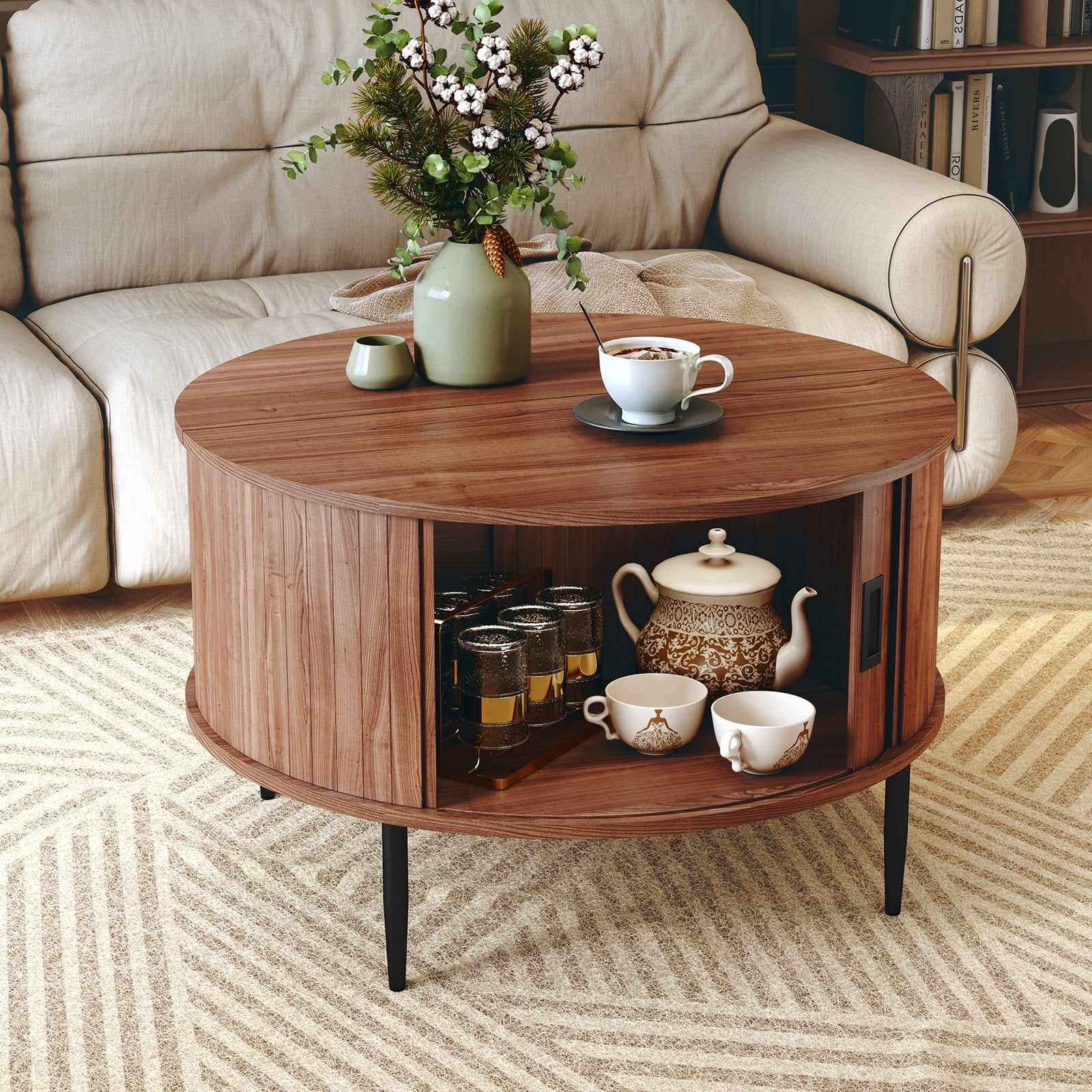HLR Mid Century 31.5" Round Coffee Table with Sliding Tambour Door, Drum Center Table with Storage for Living Room, Brown