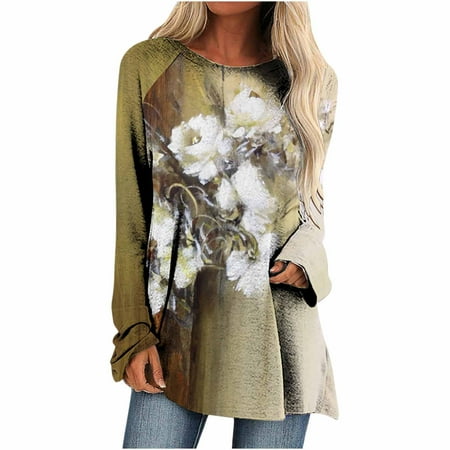 

Ziloco Long Sleeve Round-Neck Blouses & Shirts Maternity Tank Top Women Long Sleeve Flowers Casual Shirts Print Round Neck Pullover Loose Tops Women S Blouses