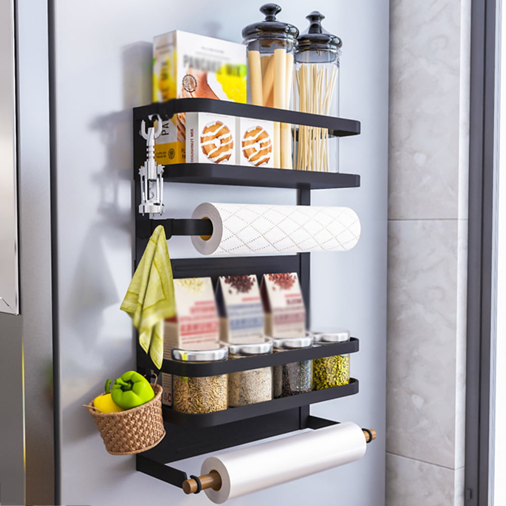 Magnetic Fridge Storage Shelf Towel Holder with Hooks Kitchen Organizer Rack 