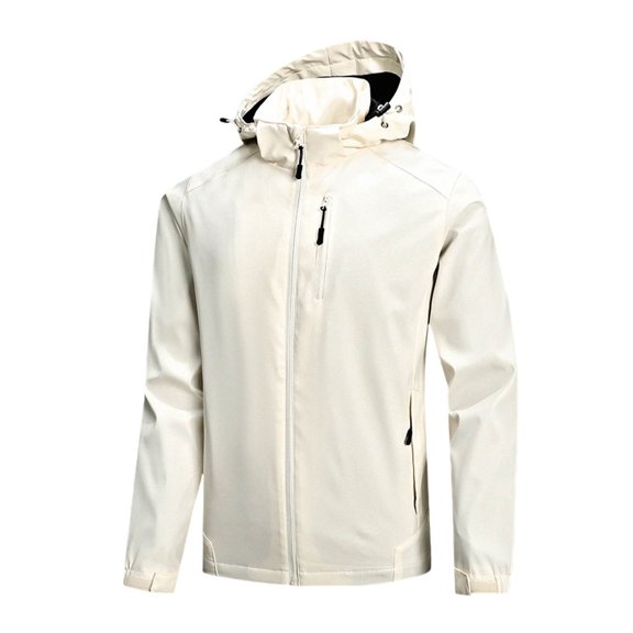 Seffadzy Men's Raincoats Waterproof Windbreaker Jacket Hooded Solid Color Long Sleeve Full Zip Multi Pocket Casual Outerwear Beige M