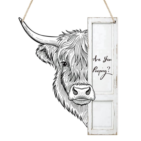 Uflashmi Are You Pooping Highland Cow Bathroom Sign, White, 11.8 x 12.5 in
