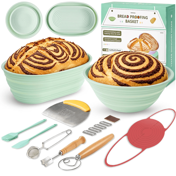 VOZOGO 9pcs Complete Silicone Sourdough Starter Kit – 9" Round & 10" Oval Collapsible Banneton Proofing Baskets with 7 Baking Tools, BPA-Free Non-Stick Dough Rising Bowl
