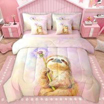 Castle Fairy Cute Sloth Bedding Comforter Set 7pcs for Preppy Child,Floral Dandelion Queen Bedding Sets Super Cozy,Cartoon Flower Animal Queen Sheet Sets,Gradient Home Decor,Reversible