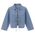 thumbnail image 5 of Women's Tie Front Denim Jacket Long Sleeve Lapel Jean Jacket (Blue L), 5 of 5
